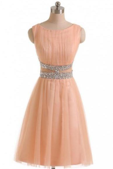 Simple A-line Jewel Peach Tulle Homecoming Dress with Beads