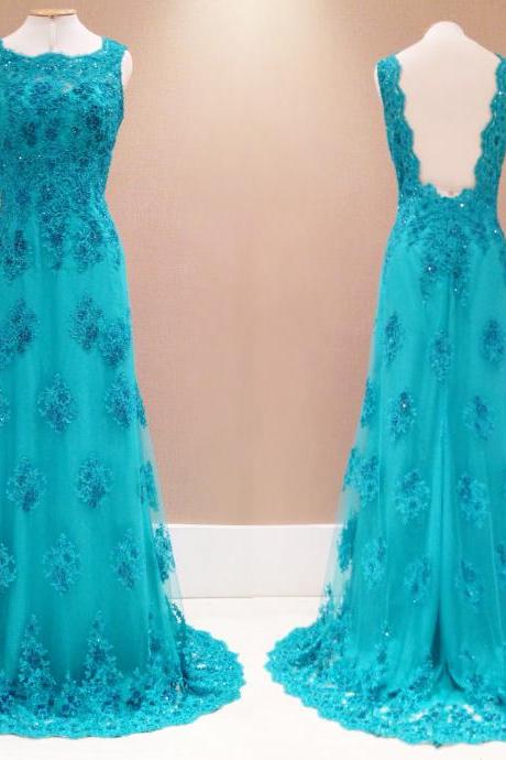 Lace Prom Dresses,Blue Prom Dress,Modest Prom Gown,A Line Prom Gown,Evening Dress,Backless Evening Gowns,Party Gowns