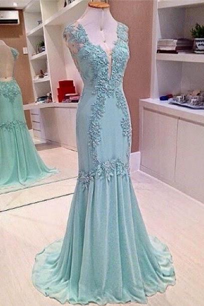 Plunging V Lace Appliqués Mermaid Long Prom Dress, Evening Dress Featuring Sheer Open Back