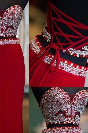 2 Piece Prom Gown,Two Piece Prom Dresses,Red Evening Gowns,2 Pieces Party Dresses,Chiffon Evening Gowns,Sparkle Formal Dress,Bling Formal Gowns For Teens
