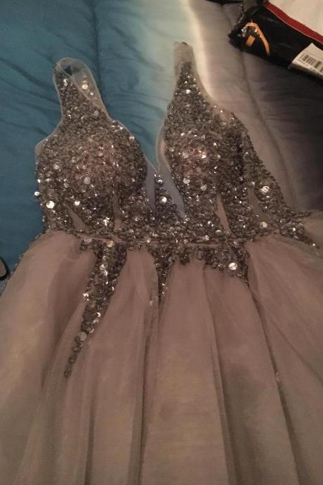 Prom Dress,Sequins Crystals Beaded Prom Dress, Tulle Prom Dress, Beautiful Prom Gowns,A line Evening Dress,Wedding Dress,Sexy See Through Party Dress