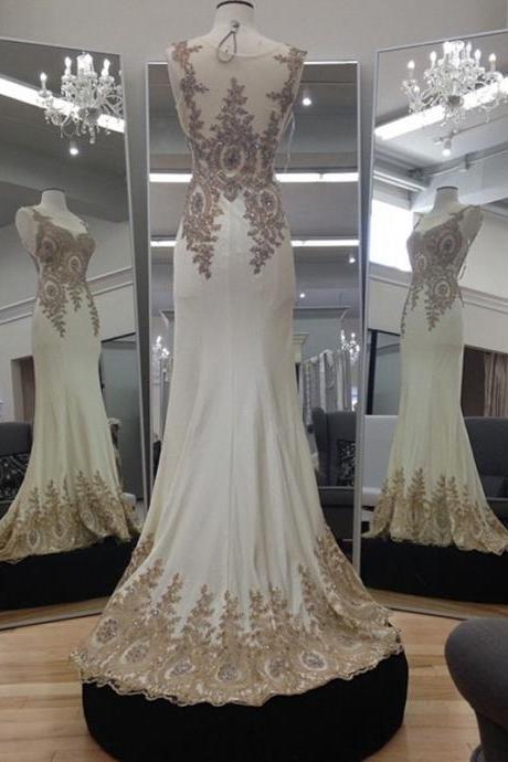 New Arrival Prom Dress,Modest Prom Dress,Ivory Chiffon Gold Lace Appliques Mermaid Evening Dresses Long Prom Gowns