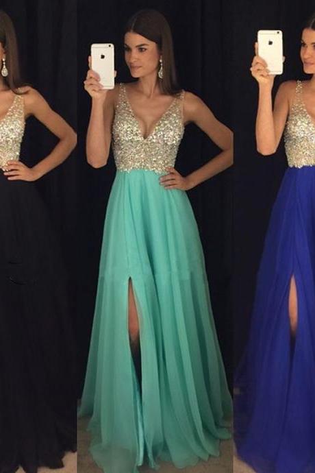 New Arrival Prom Dress,Modest Prom Dress,sparkly crystal beaded v neck open back long chiffon prom dresses 2017 pageant evening gowns with leg slit