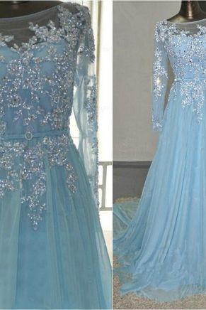 long prom dress, prom dress, blue prom dress, A-line prom dress, backless prom dress, dress gown