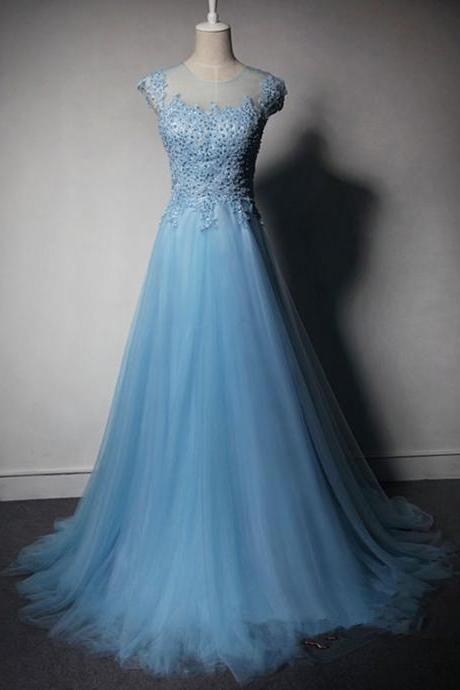 Pretty Light Blue Tulle Long Prom Dress 2017 with Lace Applique and Beadings, Blue Prom Dresses, Prom Gowns 