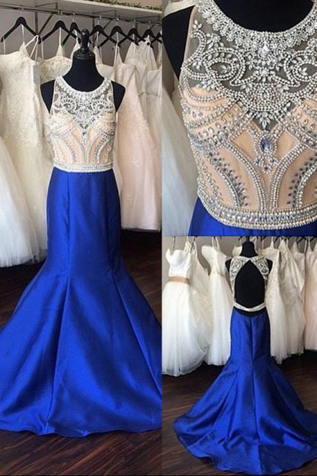 Mermaid Royal Blue Long Beaidng Satin Prom Dresses,Open Back Sweep Train Prom Gowns,Prom Dresses 2017,Modesr Evening Dresses,Beauty Party Dresses