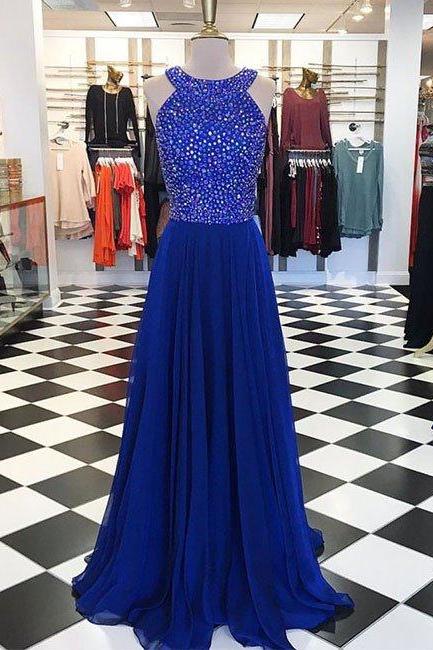 Royal Blue Round Neck Long Prom Dress, Dress for Prom, Senior Prom Dress, Prom Dress for Teens, Blue Evening Dress