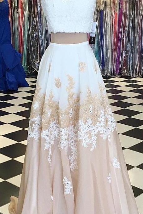 2 Piece Prom Gown,Two Piece Prom Dresses,White Evening Gowns,2 Pieces Party Dresses,Evening Gowns,Lace Formal Dress For Teens