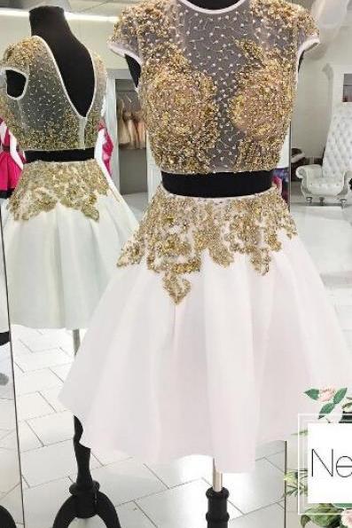 White Homecoming Dress,2 Piece Homecoming Dresses,Beading Homecoming Gowns,Short Prom Gown,Sweet 16 Dress,Homecoming Dress,2 pieces Cocktail Dress,Two Pieces Evening Gowns