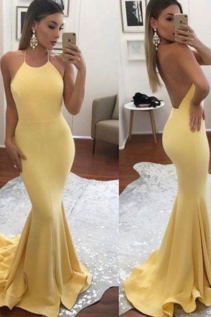 Prom Dresses,Backless Prom Gown,Mermaid Evening Dress,Mermaid Prom Dress,Evening Gowns,Yellow Formal Dress