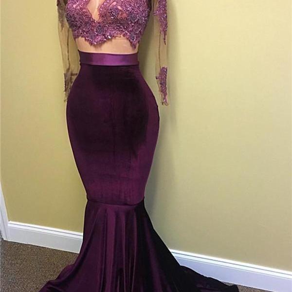 Sexy Velvet Evening Gown High Neck Lace Long Sleeve Prom Dress With ...