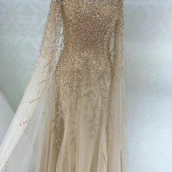Charming Long A-line Long Sleeves Beading Prom Dress With Slit main image 1