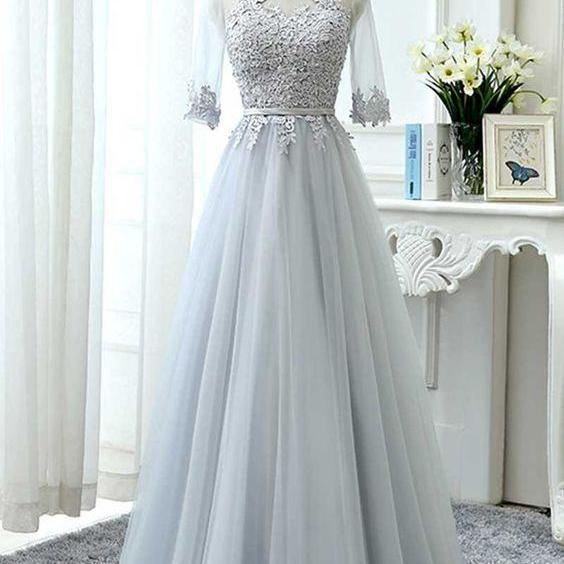 Gray Tulle Lace Long Prom Dress, Tulle Lace Bridesmaid Dress, Lace ...