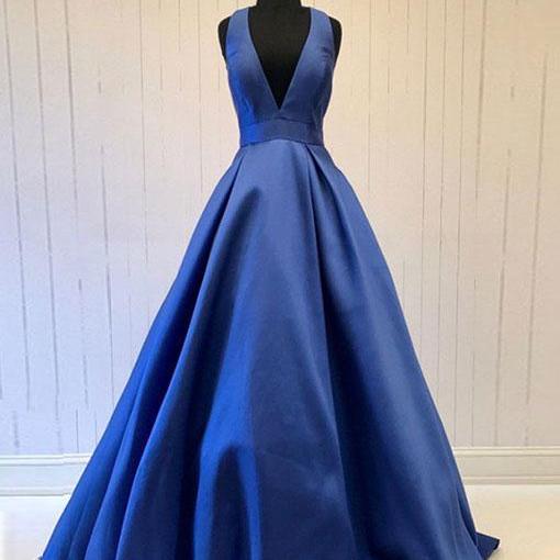 Blue V Neck Long Prom Dress With Bow, Blue Evening Dress Prom Gowns ...