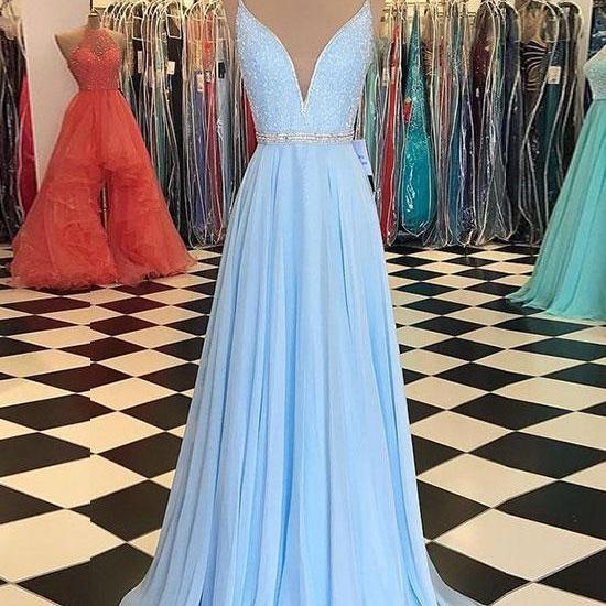 Newest Light Blue A-line Prom Dress With Beaded Bodice,long V-neck ...