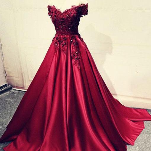 Burgundy Lace Off Shoulder Long Prom Dress, Lace Evening Dress P1586 on ...