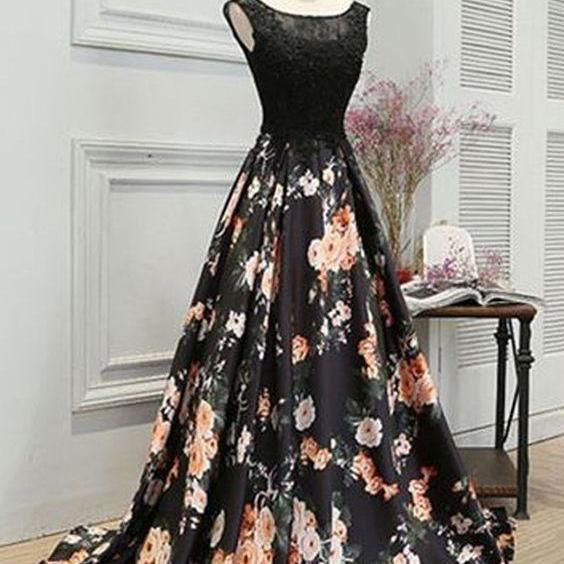 Elegant Black Floral Prom Party Dresses, Formal Evening Gowns With