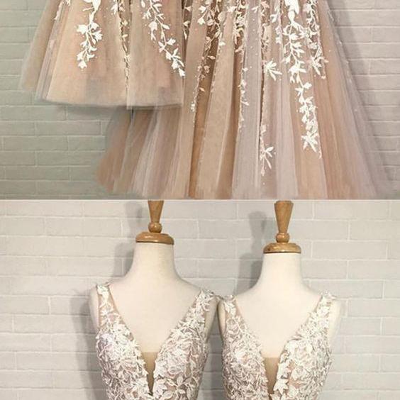 Light Champagne V neck Sleeveless Lace Short Homecoming Dress with Pearls UQH0114 main image 1