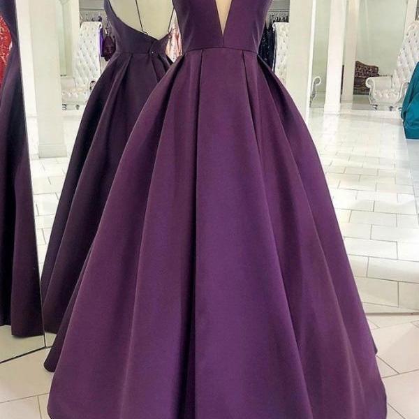 V Neck Backless Purple Satin Long Prom Dress Backless Purple Formal