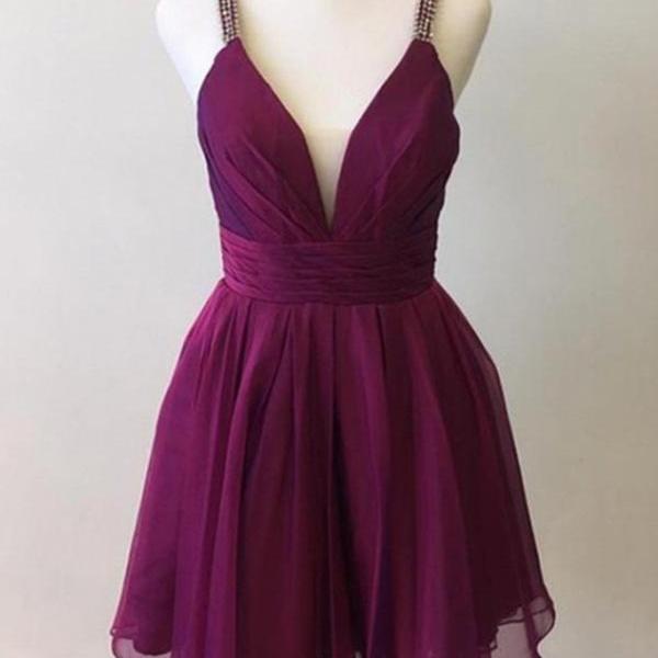 Cute V Neck Purple Chiffon Short Prom Dresses Homecoming Dresses, V 