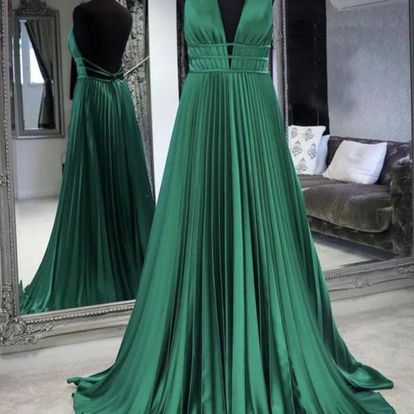 A Line Halter Neck Backless Green Long Prom Dresses, Backless Green ...