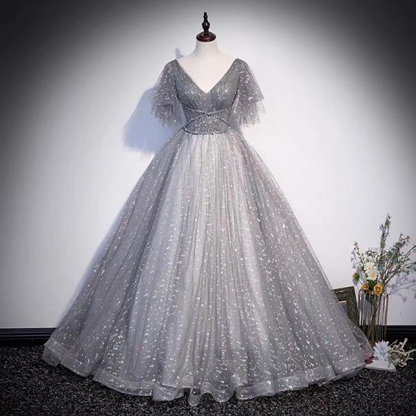 GRAY TULLE SEQUINS LONG A LINE PROM DRESS EVENING DRESS main image 1