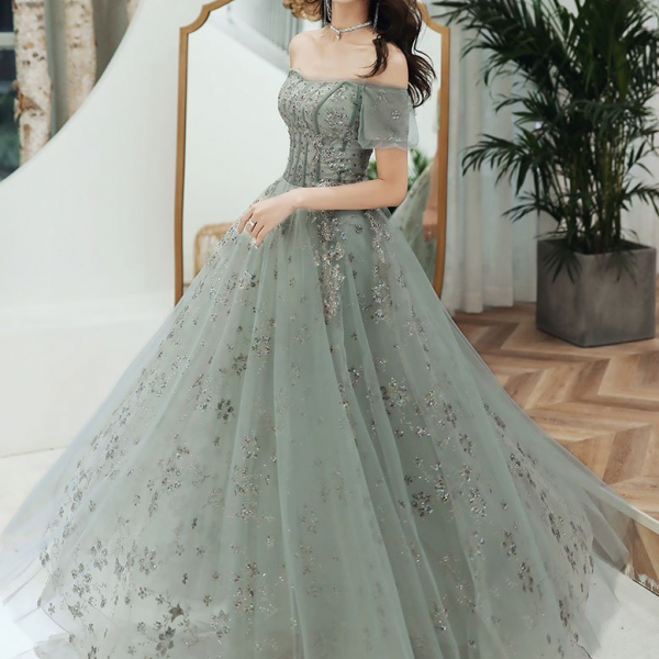 Gray Tulle Sequins Long Prom Dress A Line Evening Gown on Luulla