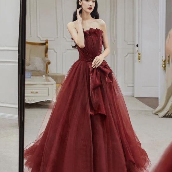 Pretty Red Satin A Line Party Prom Dress,Strapless Ball Gown Y8086 main image 1