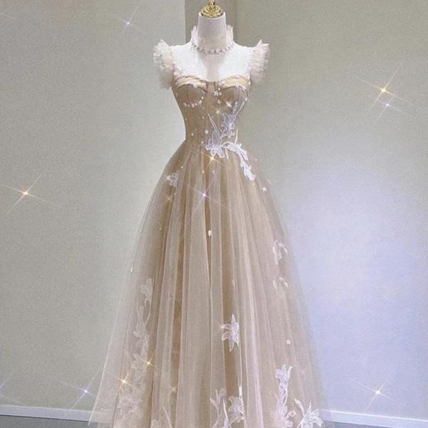 Champagne tulle lace tea length prom dress evening dress