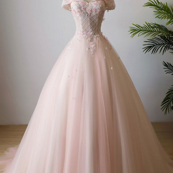Pink off shoulder tulle lace long prom dress, pink evening dress