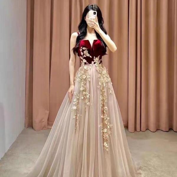 Elegant Tulle With Velvet Long Straps Long Evening Gown, A-Line Tulle Prom Dresses