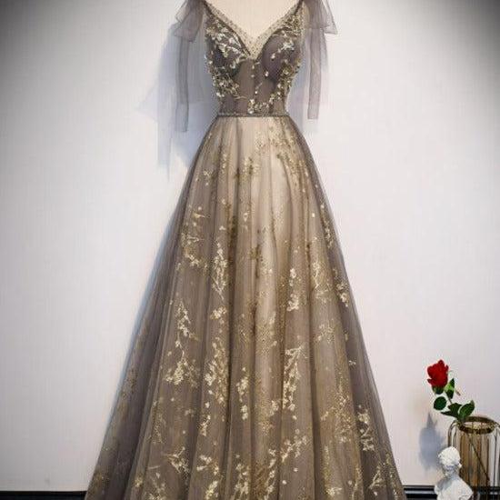 Lovely Champagne V-Neckline Tulle Long Prom Dress Party Dress, Formal Gown 
