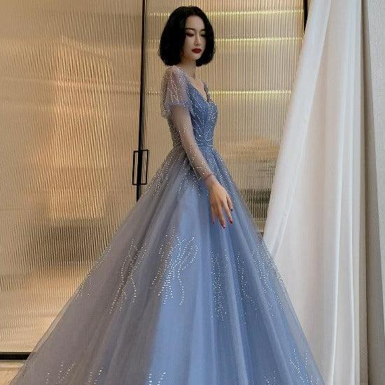 Blue Tulle Beaded Long Formal Dress Party Dress, Beautiful Blue Prom Dresses