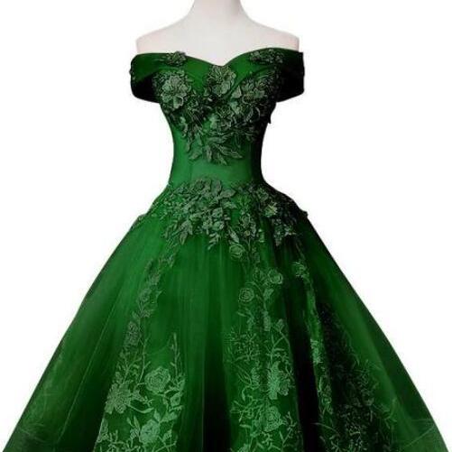 Green Off Shoulder Tea Length Party Dress With Lace, Green Formal Dress Prom Dress