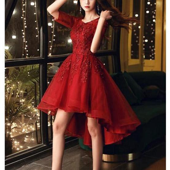 Dark Red High Low Tulle Short Sleeves Flowers Party Dress, Homecoming Dress