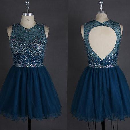Navy Blue Lace And Tulle Short Sleeves Homecoming Dress Party Dress     cg23555