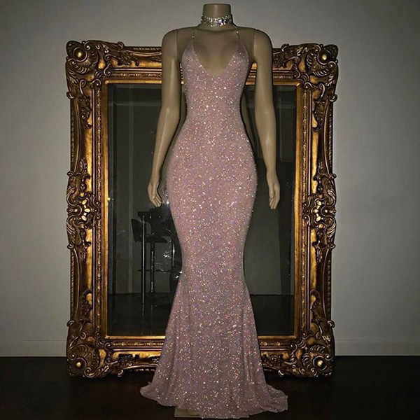 Stunning Rose Pink Sequined Evening Gown Long Spaghetti Strap Mermaid ...