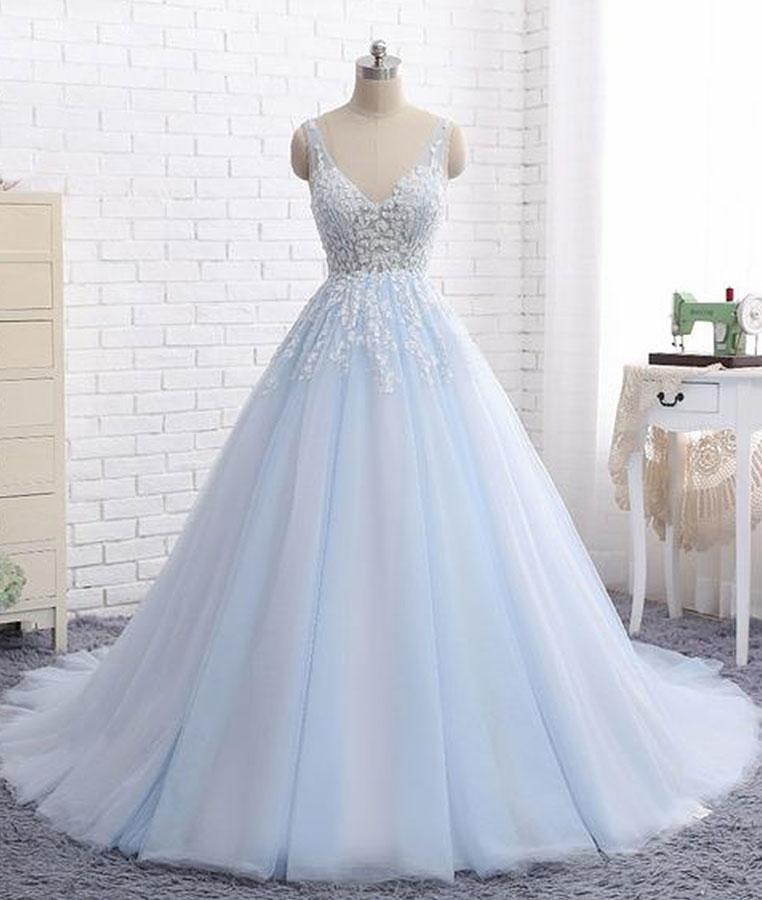 Elegant Ball Gown V Neck Lace Tulle Long Graduation Prom Dresses main image 1