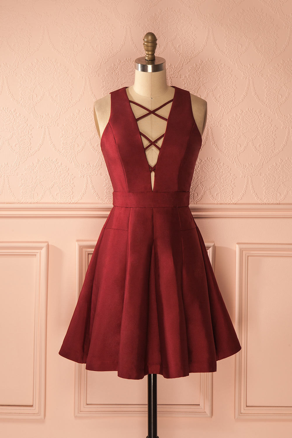 A-Line V-Neck Short Pink Burgundy Lace Prom Homecoming Graduation Dress