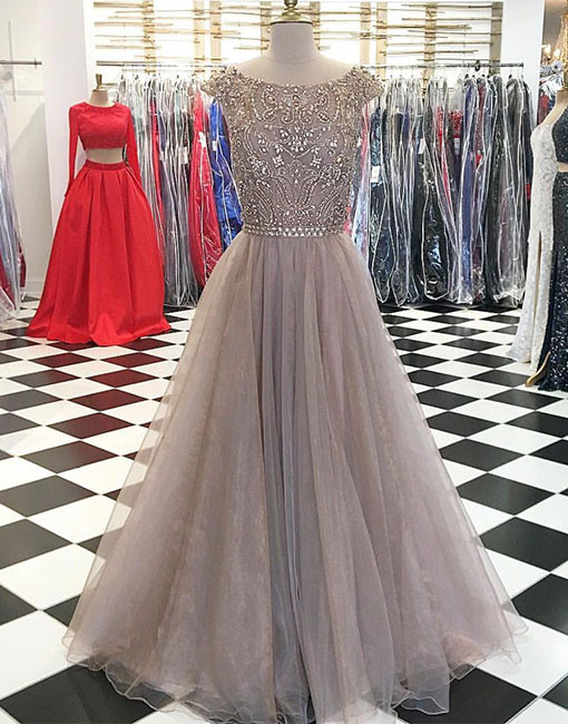 Unique A-Line Round Neck Cap Sleeves Long Prom Dress With Beading on Luulla