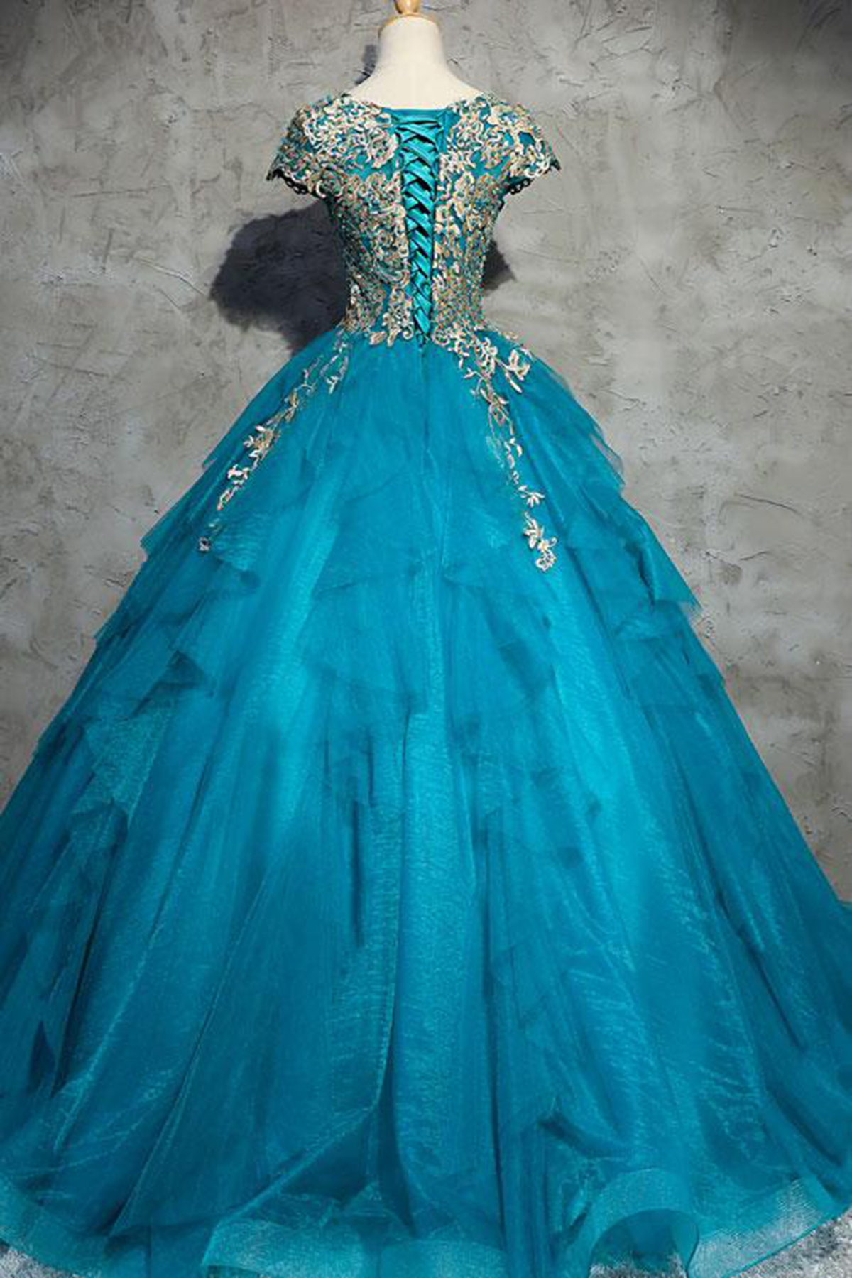 Unique Blue Tulle Lace Top Round Neck Winter Formal Prom Dresses, Long ...