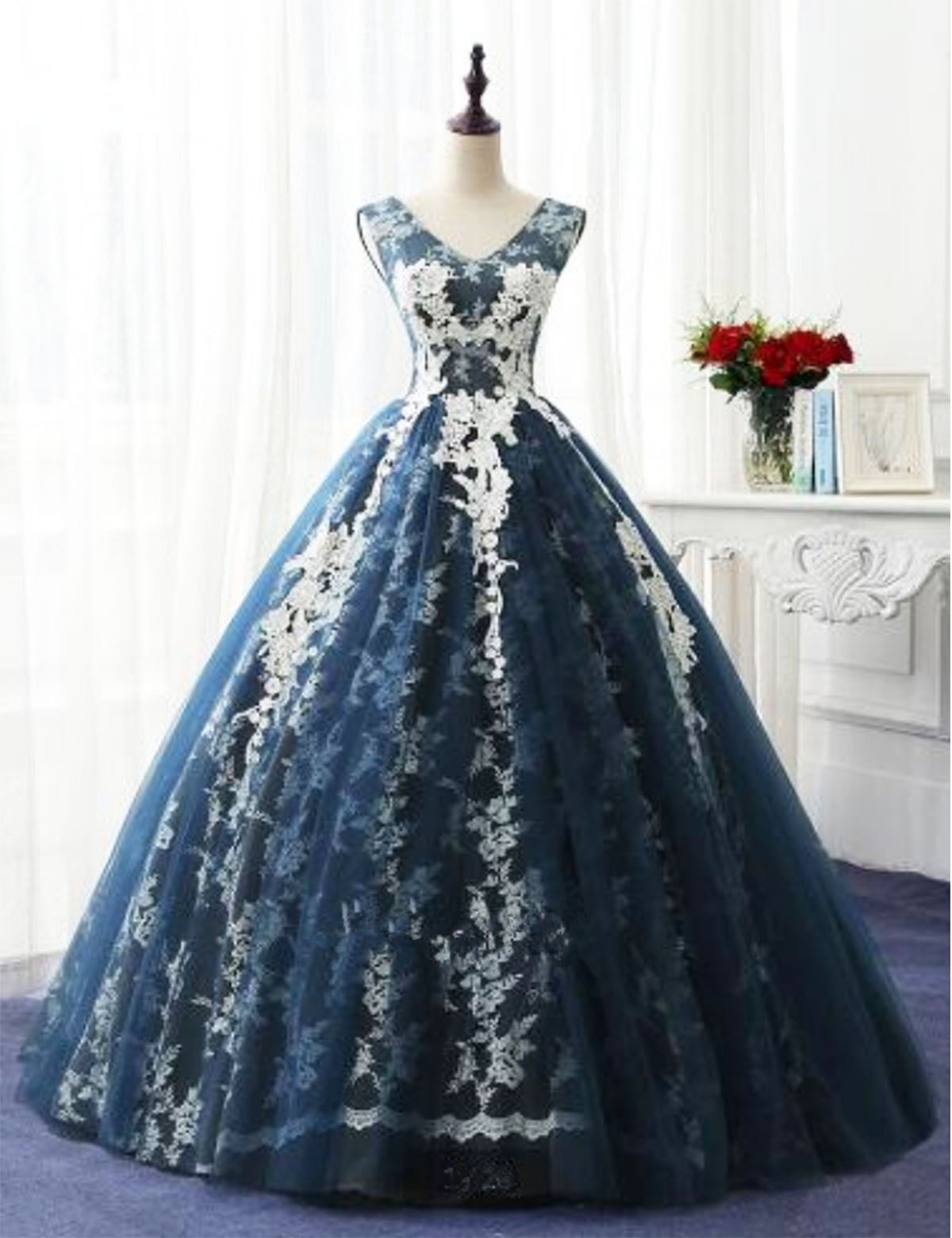 Navy Blue Tulle V Neckling Long Winter Formal Prom Dress, Long Lace ...