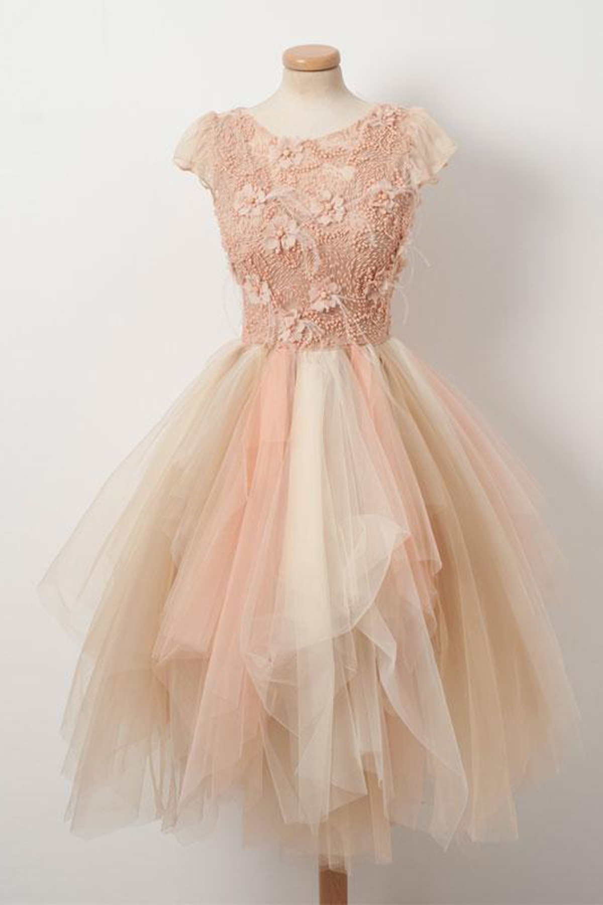 Champagne Tulle Beaded Short Dress, Short Summer Prom Dress
