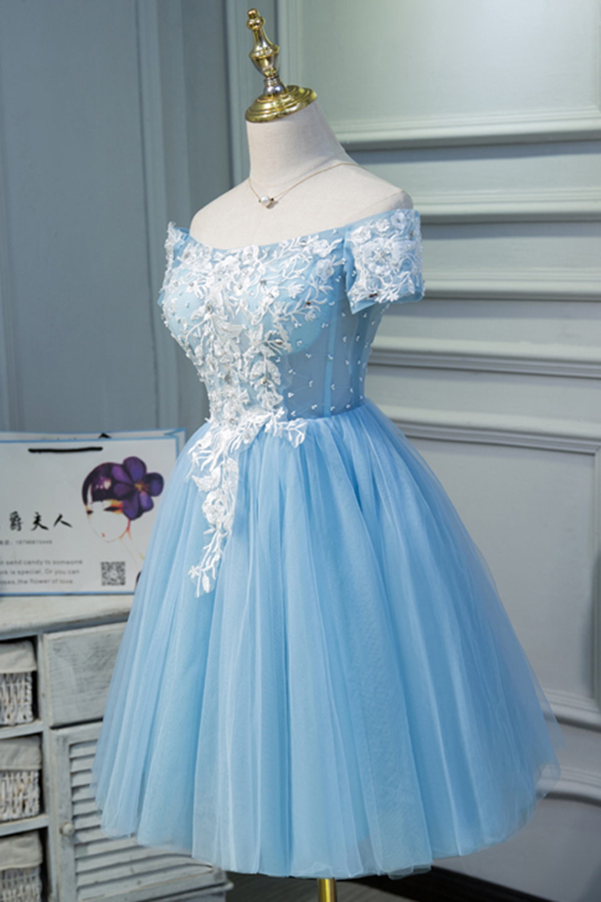 Cute Blue Tulle Off Shoulder Knee Length Homecoming Dress With Sleeves ...