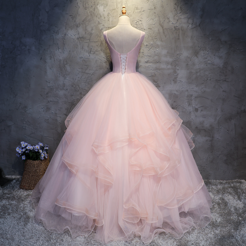 Pink Tulle Puffy O Neck Long Prom Gown With Lace Appliques On Luulla