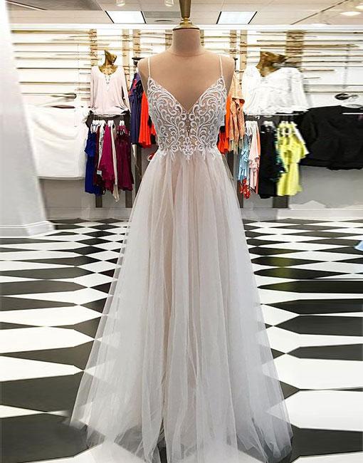 Champagne A Line V Neck Tulle Long Prom Dress, Champagne Evening Dress ...
