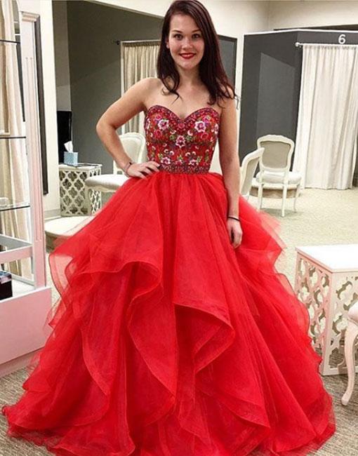 Red Tulle Sweetheart Neck Long Prom Dress, Red Evening Dress Prom Gowns ...