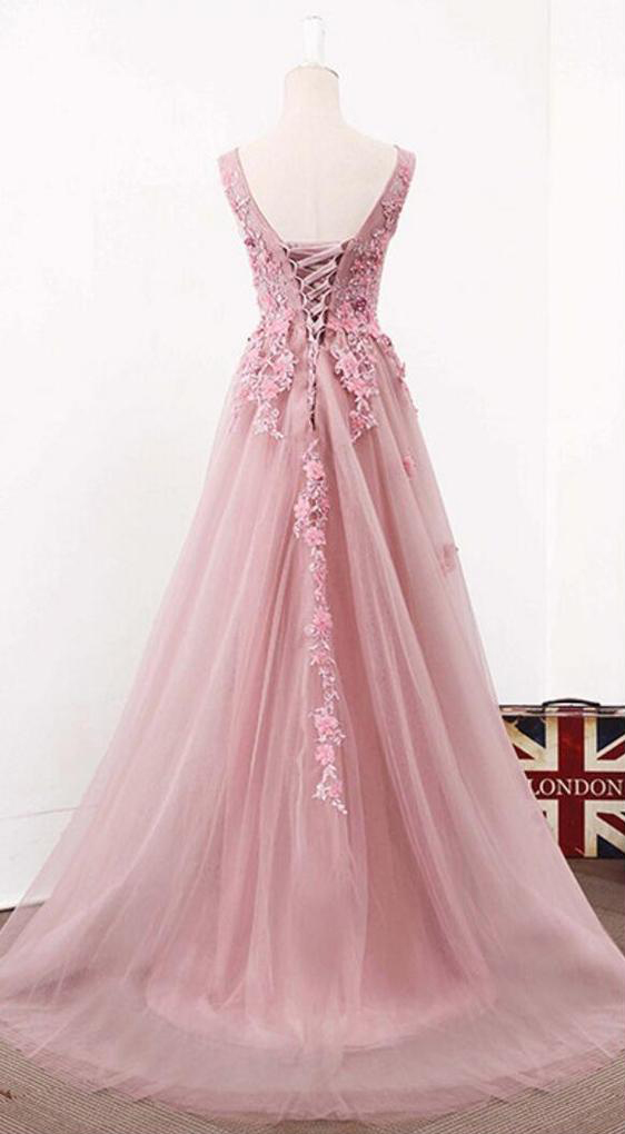 Elegant A-Line V-Neck Sleeveless Pink Tulle Long Prom Dress With ...