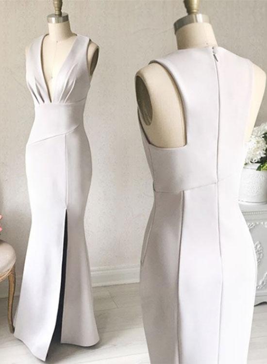 Simple White V Neck Sheath Prom Dresslong Formal Dress With Slit Side P1396 On Luulla 