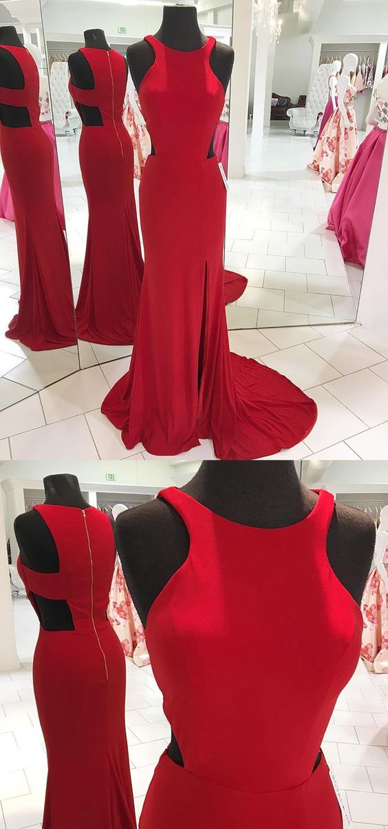 Red Jersey Evening Gown,fitted Slit Prom Dress With Cut Out Detail